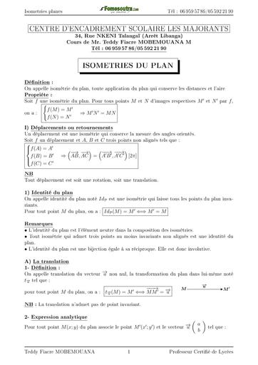 COURS DE MATHS Tle C ISOMETRIE DU PLAN BY TEHUA