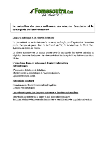 La protection des parcs nationaux, des réserves forestières et la sauvegarde de l’environnement