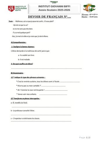 DEVOIR DE FRANÇAIS  N°1 6ième 5ième INSTITUT GIOVANNI BIFFI Octobre 2025 by TEHUA