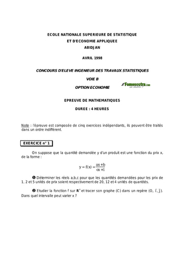 Sujet de Maths ITS B option Economie 1998 (ENSEA)