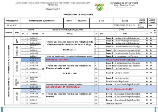PROGRESSION de Philosophie Tle F G et Tle B H et C 2027 BY TEHUA
