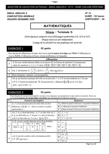 COMPOSITION GENERALE SESSION DECEMBRE 2025 MATHS Tle D