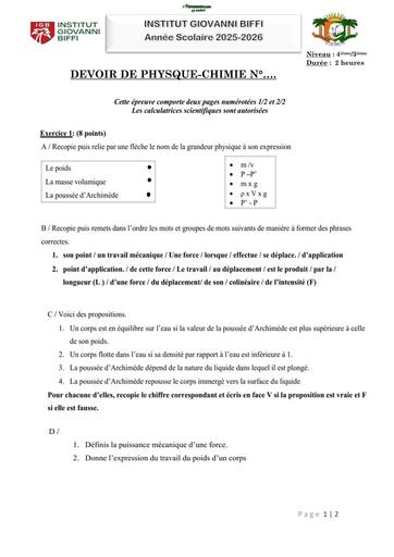 DEVOIR PHYSIQUE CHIMIE N°1 4ième 3ième (Masse et poids Forces) INSTITUT GIOVANNI BIFFI Octobre 2025 by TEHUA