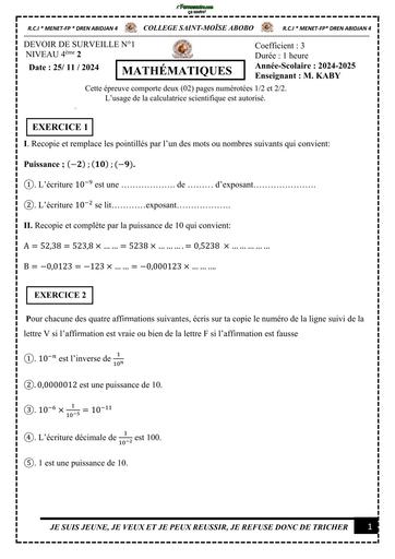 DEVOIR DE SURVEILLE MATHS N°2 NIVEAU 4ème BY TEHUA