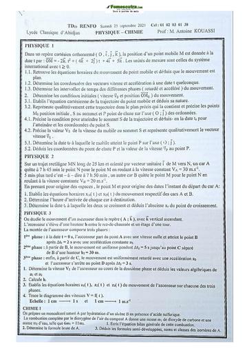 Sujet de Physique-Chimie Terminale D Lycée Classique Abidjan 21-22