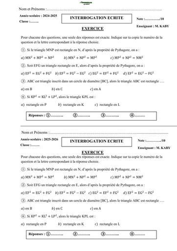 INTERROGATION ECRITE MATHS NIVEAU 3ième (Pythagore) by TEHUA