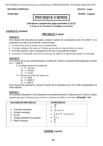 DEVOIR UP PC 3è 2021 2022