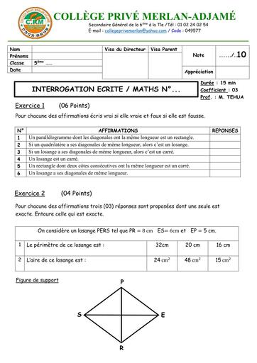 INTERROGATION ECRITE MATHS Niveau 5ième du 12 MARS 2026 by TEHUA