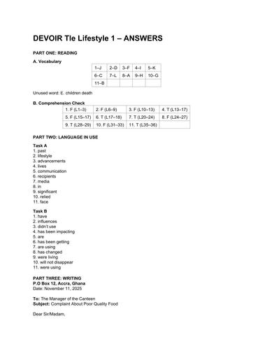 DEVOIR Tle Lifestyle Answers (Barème) By Tehua