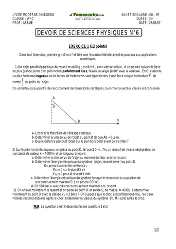 Devoir (5) de Physique-Chimie 1ère C Lycée Moderne de Dimbokro