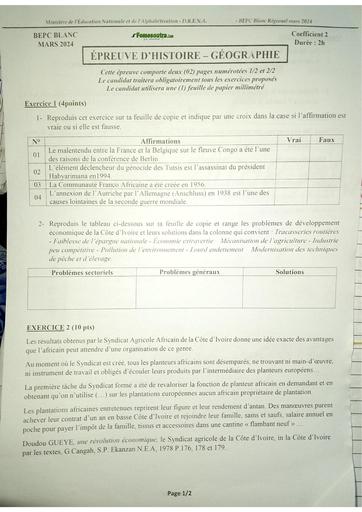 Sujet+barème bepc blanc 2024 Histoire geo dren Abidjan 4 by Tehua