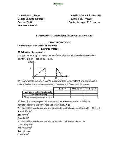 DEVOIR DE PC NIVEAU 3ième LYCEE PRIVE ST PIERRE 2026 N°1 BY TEHUA