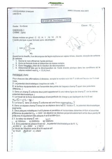 Sujet de Physique-Chimie Première C Lycée Classique Abidjan 22-23