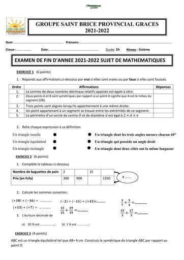DEVOIR DE NIVEAU MATHS 6ième TRIMESTRE 3 COLLEGE PROVINCIAL 2022 BY TEHUA