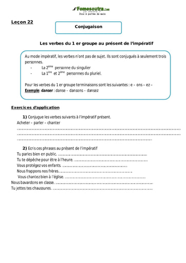 Les verbes du 1 er groupe au présent de l’impératif - Cours CM1