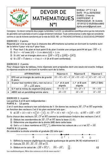 Devoir Vecteurs Maths N 1 2nde C By Djaha