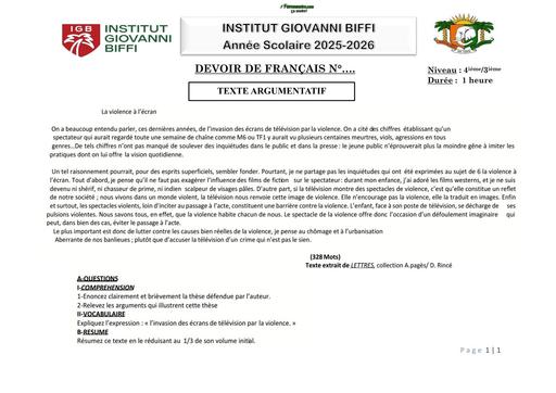 DEVOIR DE FR N°1 4ième 3ieme (TEXTE ARG 2) INSTITUT GIOVANNI BIFFI Octobre 2025 by TEHUA