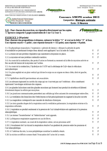 Sujet de Biologie animale concours AMCPE 2013