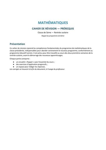 MATHS Cahier Revision Prerequis 5eme by TEHUA