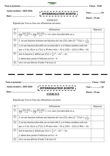 INTERROGATION ECRITE MATHS NIVEAU TleD (dérivabilité) by TEHUA
