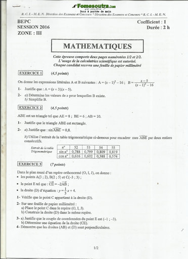 Sujet corrigé et barème de  Mathématique BEPC 2016 zone 3