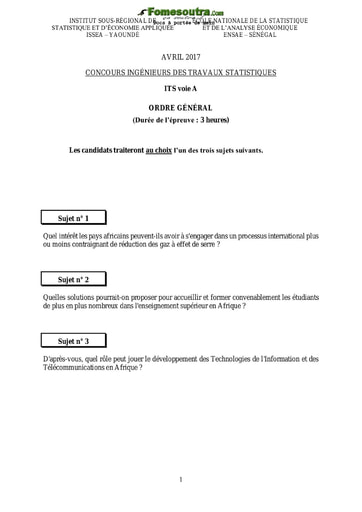 Sujet d'ordre générale ITS A 2017 (ENSAE - ISSEA)