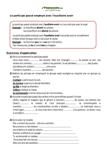 Le participe passé employé avec l’auxiliaire avoir - Cours CM1