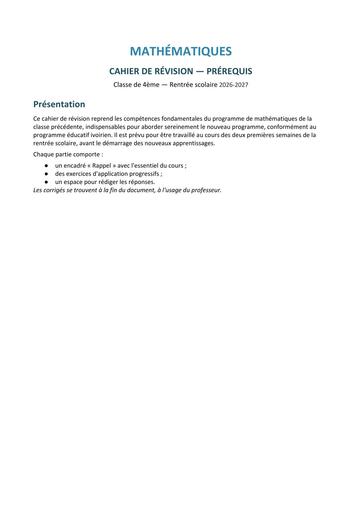 MATHS Cahier Revision Prerequis 4eme BY TEHUA