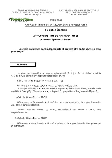 Sujet 2ème épreuve de maths ISE option économie 2004 (ENSEA)