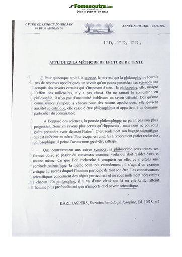 Sujet de Français niveau 1ere D année scolaire 2020/21 - Lycée Classique d'Abidjan
