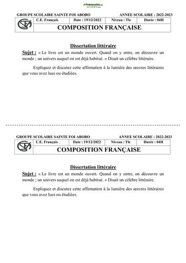 Sujets de Français Groupe Scolaire Sainte Foi Terminale D 22-23