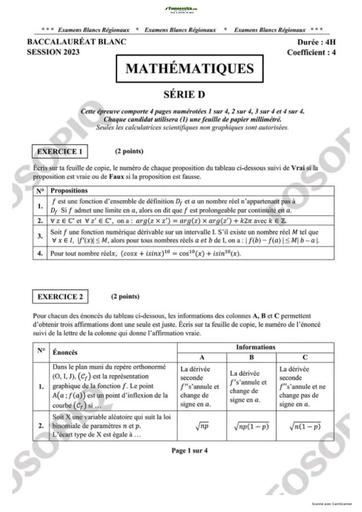 SUJET ET CORRIGE BAC BLANC 2023 MATHEMATIQUES SERIE D