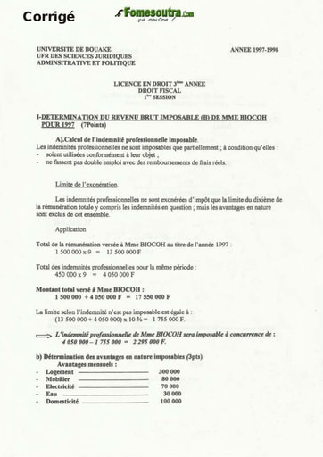 Corrigé du sujet de Droit Fiscal - Licence Droit