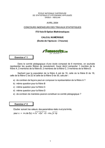 Sujet de Calcul numérique ITS B option Maths 2004 (ENSEA)