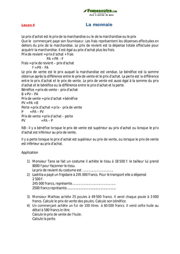 La monnaie - Cours de maths CM1
