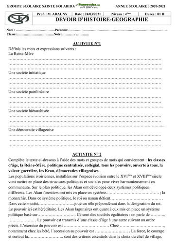 Devoir Histoire-Géographie 4ème 2020-2021 Groupe Scolaire Sainte Foi