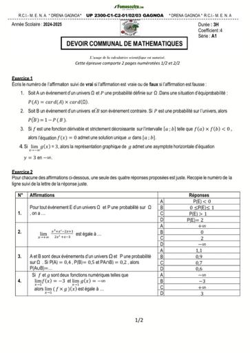 Devoir de Maths Tle A1 Gagnoa 2024