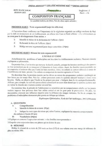 EXAMEN BLANC INTERNE ABOISSO NOE BEPC COMPOSITION FRANCAISE 3ième BY TEHUA