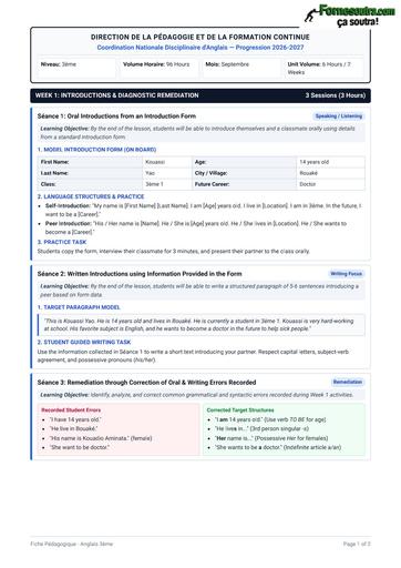 FICHE DE COURS ANGLAIS 3ème English Lesson Plan Weeks 1 and 2 BY TEHUA