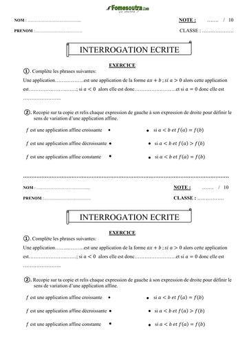 INTERROGATION ECRITE MATHS TRIMESTRE 3 APPLICATIONS AFFINES 1 Niveau 3ième by TEHUA