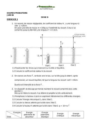 Sujet de Physique-Chimie 1 ère D examen Probatoire 1984