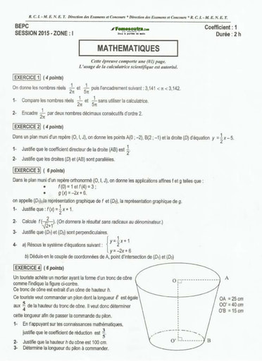 Sujet de mathématique BEPC 2015 Zone 1