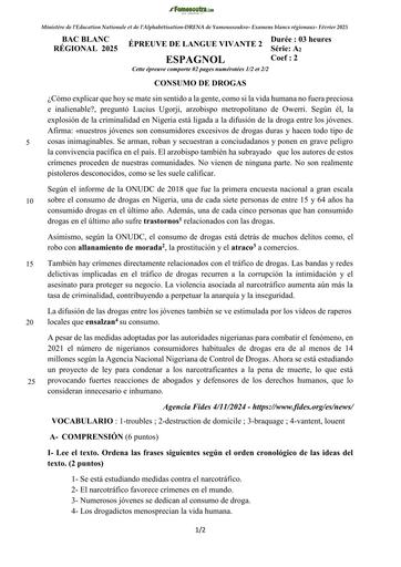 BAC BLANC REGIONAL Février 2025 DREN YAMOUSSOUKRO ESAPGNOL SUJET 1   LV2 SERIE A2 by TEHUA