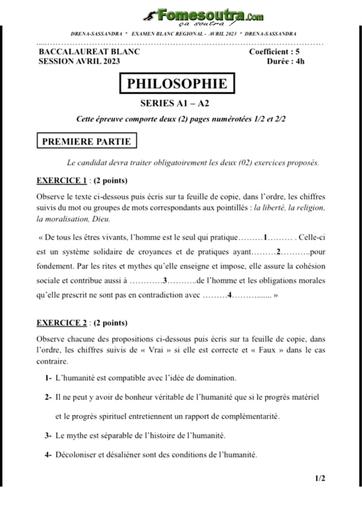 Bac blanc 2023 Philo serie A1&2 sujet+barème by Tehua