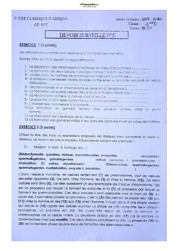Sujets de SVT Première C Lycée Classique Abidjan 2022-2023