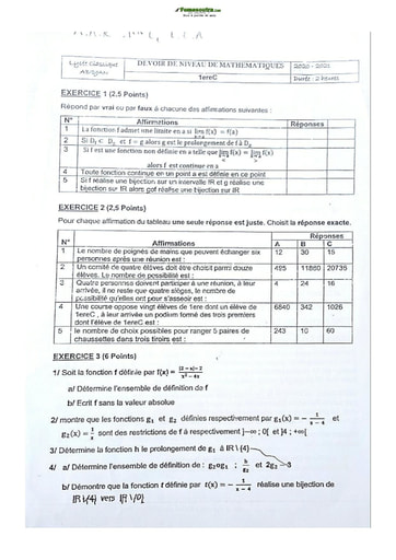 Sujet Mathématique Première C Lycée Classique Abidjan