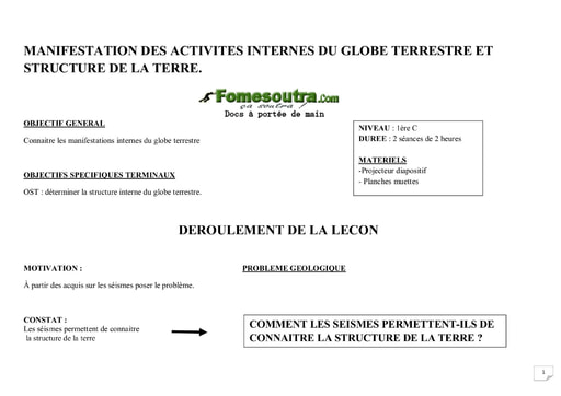 Activités internes du globe terrestre et structure de la terre - SVT 1ere C