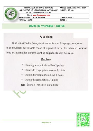 FICHE 1 ORTHOGRAPHE DICTEE CM2 BY TEHUA