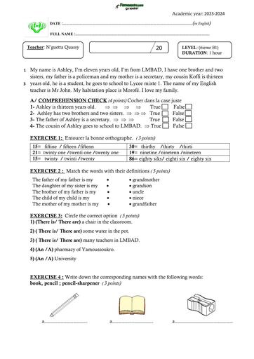 DEVOIR ANGLAIS N°2 NIVEAU 6ième ANNEE 2024 QE BY TEHUA