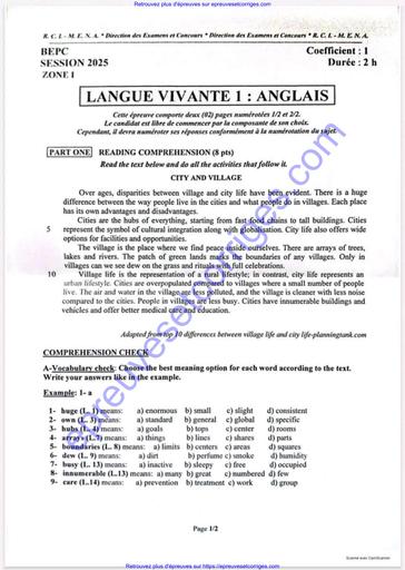 Preuve d'Anglais LV1 – BEPC 2025 – Zone 1 – Côte d’Ivoire